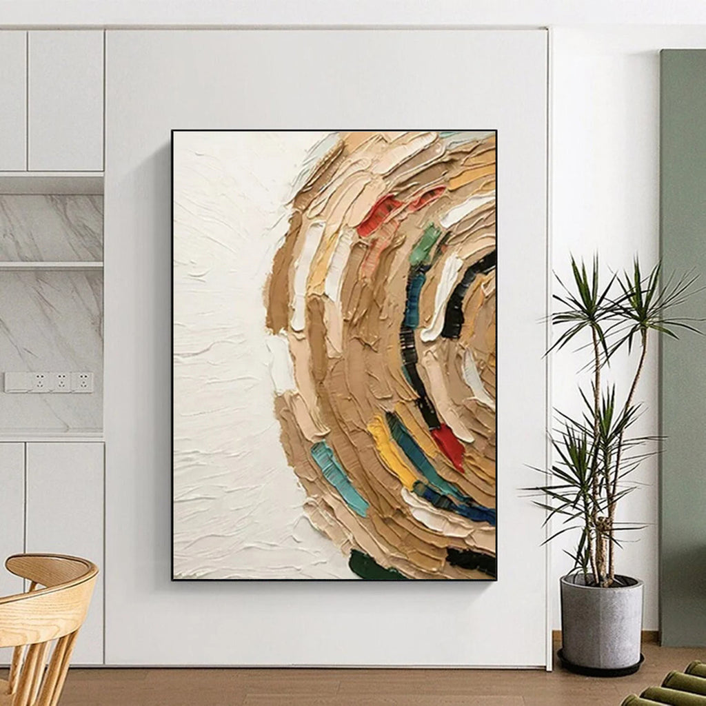 “Colorful Textured Circle” - Multicolor, Beige, Blue, Red, Yellow Abstract Impasto Painting On Canvas PS0663