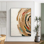 “Colorful Textured Circle” - Multicolor, Beige, Blue, Red, Yellow Abstract Impasto Painting On Canvas PS0663