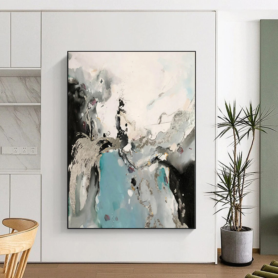 “Black - Blue - Silver Abstract Fluid Forms” - Mysterious Abstract Painting On Canvas PS0365