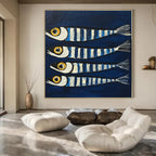 Blue, White, Yellow with Striped Fish "Sea Stripes" Naive Art Painting On Canvas PS1189