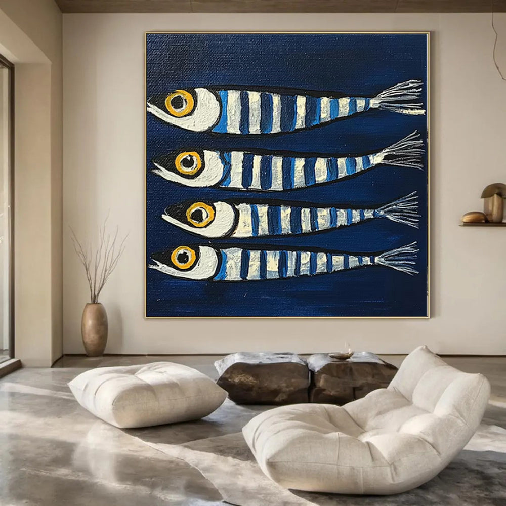 Blue, White, Yellow with Striped Fish "Sea Stripes" Naive Art Painting On Canvas PS1189