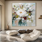 White, Pink, Green Flowers with Textured Petals "Colorful Textured Blooms" Impressionist Painting On Canvas PS1332