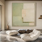 Green, Beige, White with Subtle Shapes "Quiet Geometry" Abstract Painting On Canvas PS1443