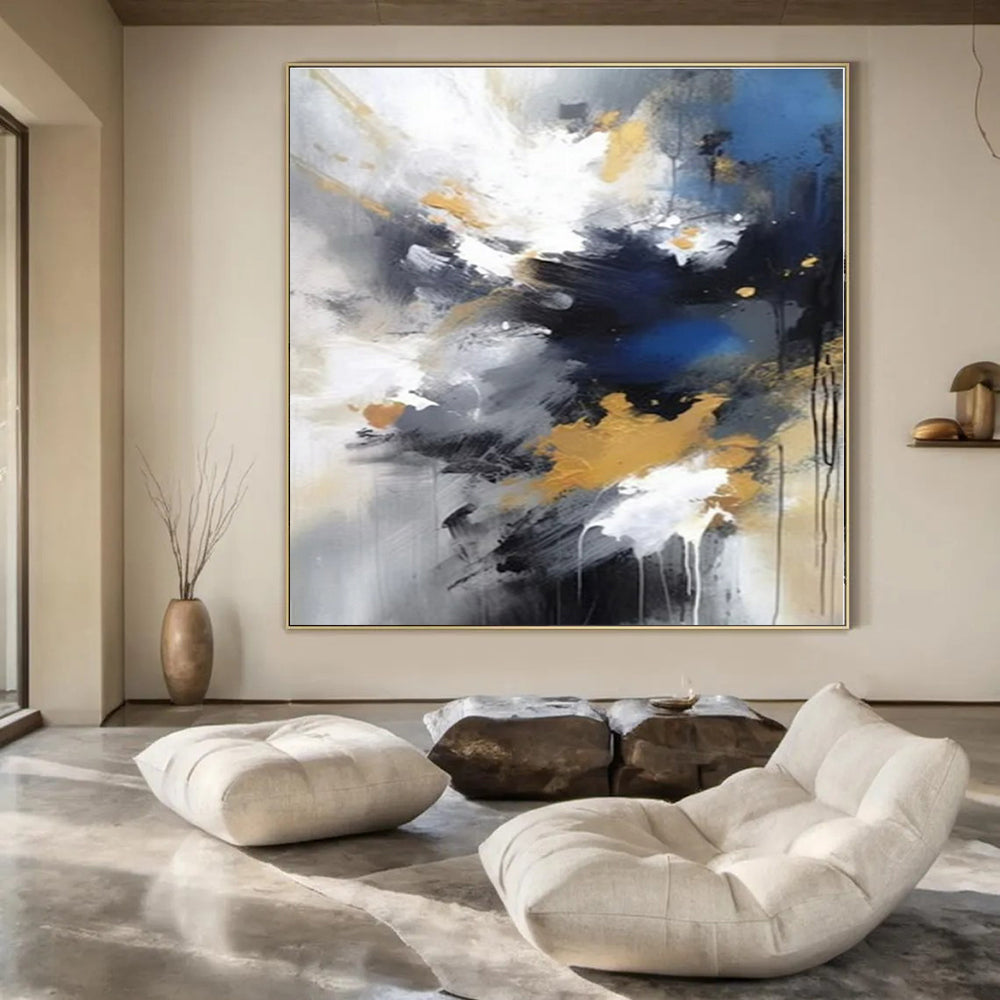 Blue, Gold, and Gray Explosion - Dynamic Abstract Painting On Canvas PS1253