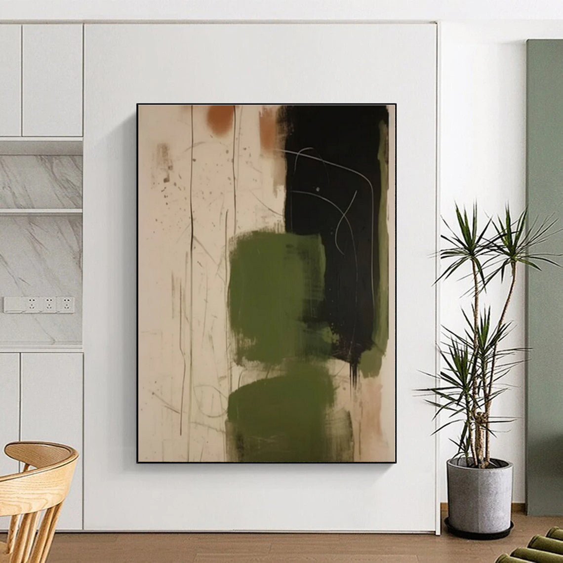 “Green - Black - Beige Expressive Abstraction” - Green, Black, Beige Abstract Painting On Canvas PS0533