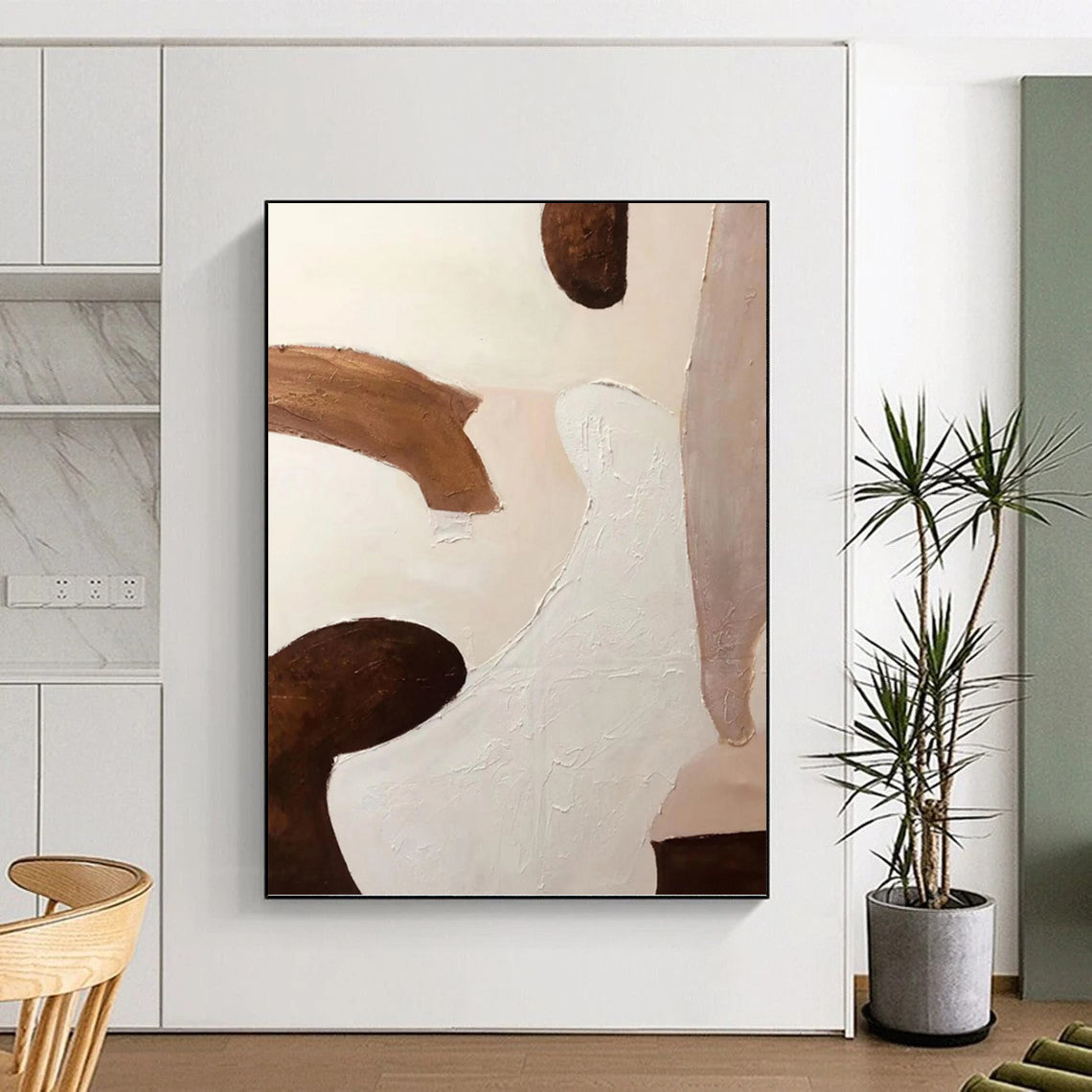 “White - Brown Textured Shapes” - Impasto Abstract Painting On Canvas PT1180