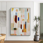 “Colorful Abstract Blocks” - Multicolor, Pink, Blue, Yellow, Brown Abstract Cubist Painting On Canvas PS0659