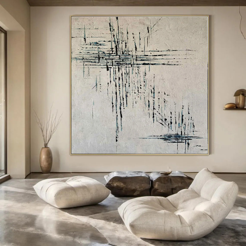 White, Black, Blue with Linear Drips "Dripping Rhythm" Abstract Painting On Canvas PS1315