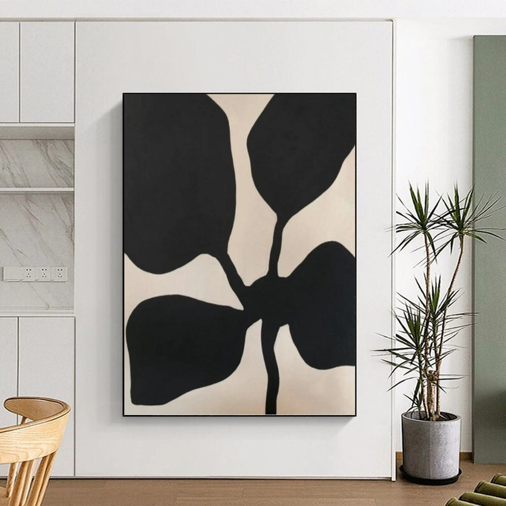 “Black Floral Silhouette on Light Beige” - Nature - Inspired Minimalist Painting On Canvas PT1077
