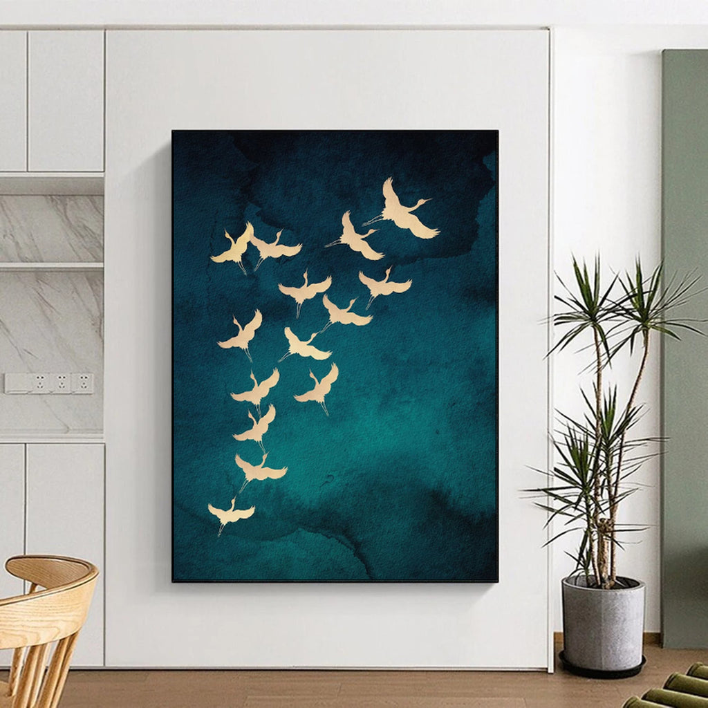 “Golden Cranes on Teal” - Nature - Inspired Painting On Canvas PT1919