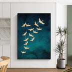 “Golden Cranes on Teal” - Nature - Inspired Painting On Canvas PT1919