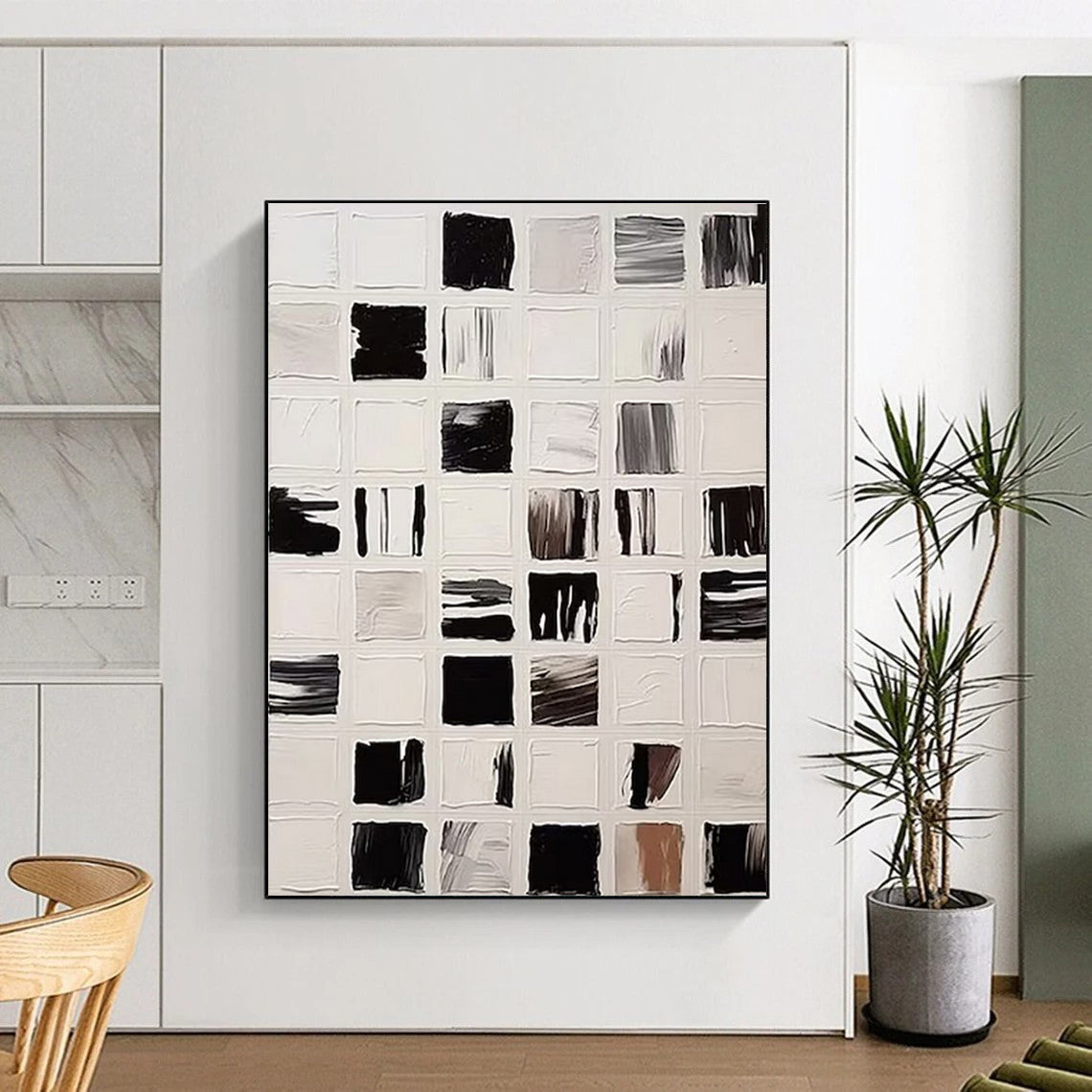 “Black & White Grid Textures” - Black, White Abstract Minimalist Painting On Canvas PS0676