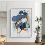 “Blue - Orange Expressive Drips” - Blue, Orange, Gray, White Abstract Painting On Canvas PS0507