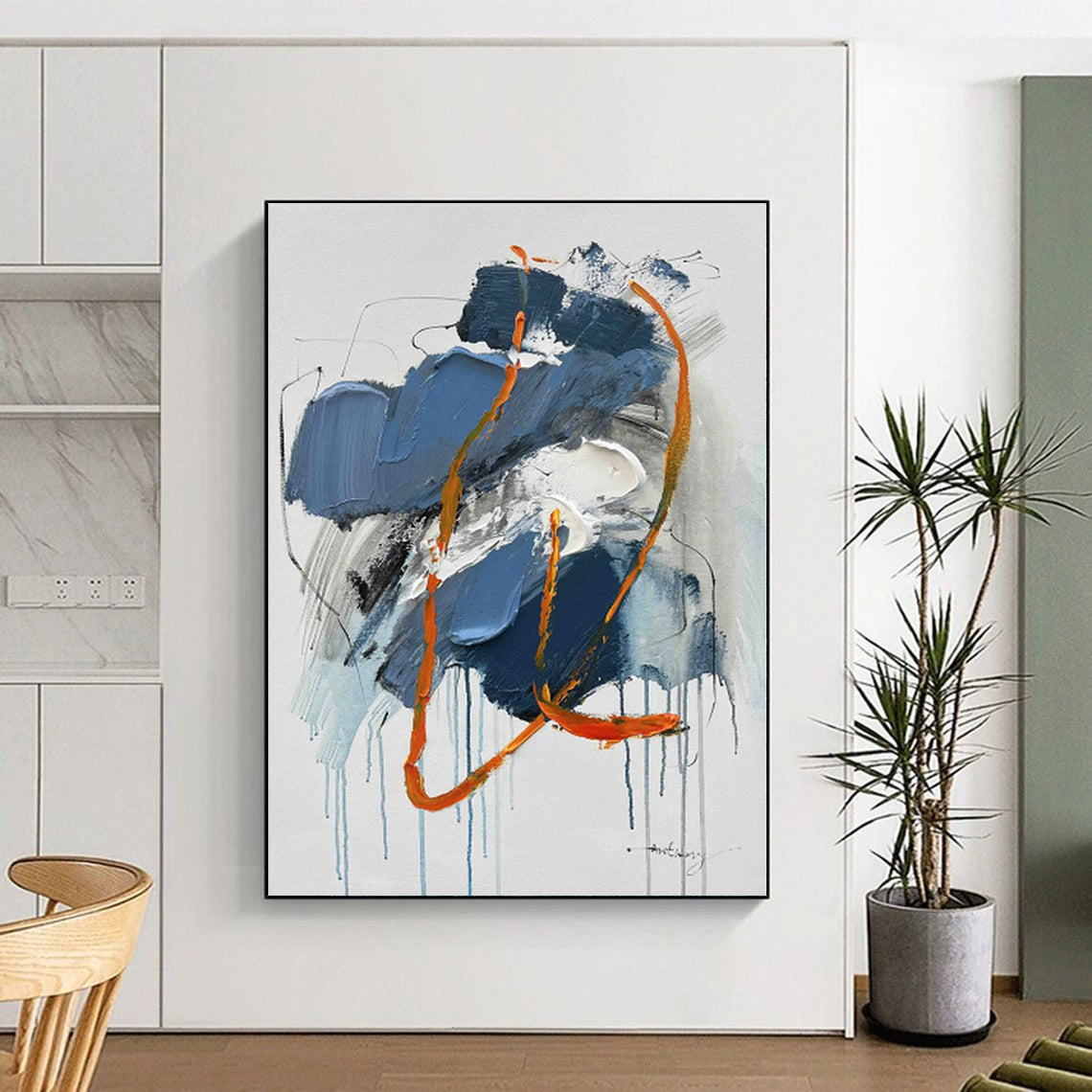 “Blue - Orange Expressive Drips” - Blue, Orange, Gray, White Abstract Painting On Canvas PS0507