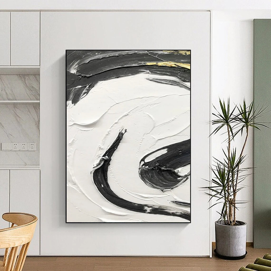 “Black, White, and Gold Swirl” - Luxurious Abstract Painting On Canvas DS378