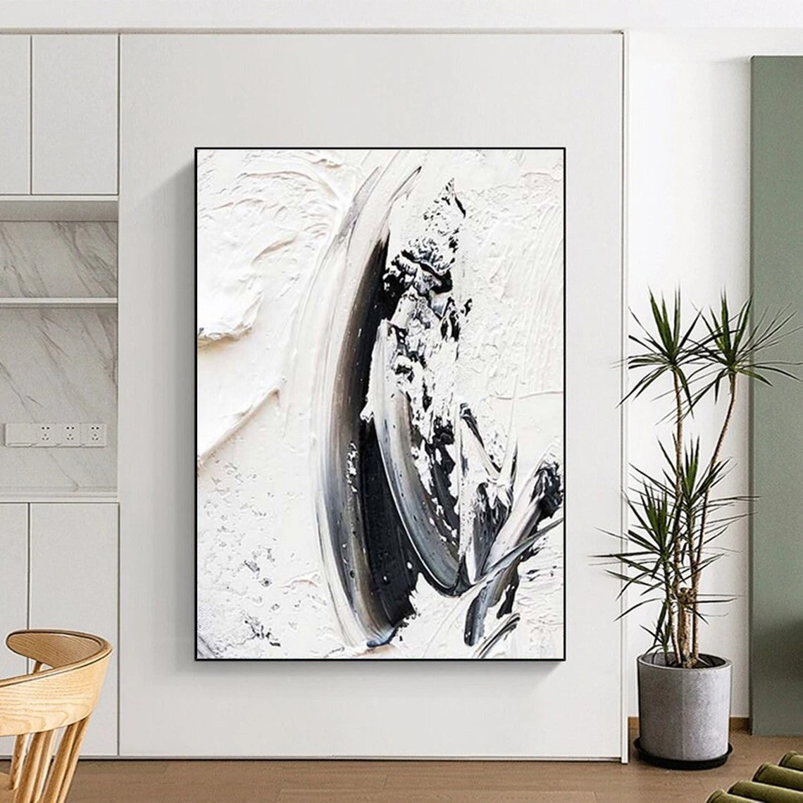“Black - White Textured Strokes” - Black, White Abstract Minimalist Painting On Canvas PS0701