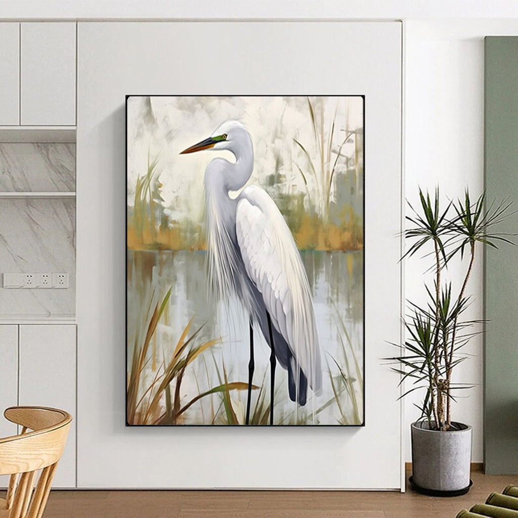 White Egret in Soft Hues, Realism with Sargent's Touch, Wildlife Painting On Canvas PT2127