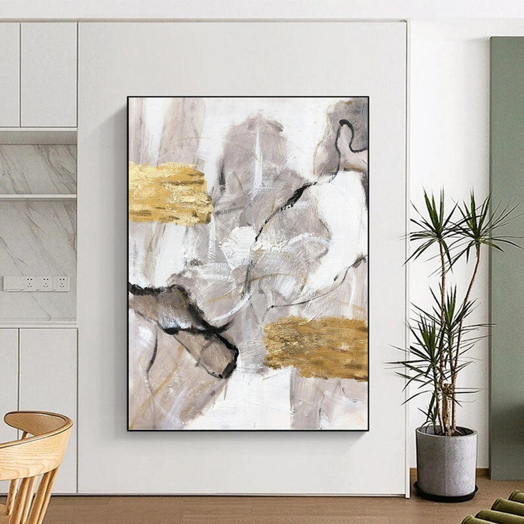 “Grey - White - Gold Abstract” - Minimalist Abstract Painting On Canvas PT1267
