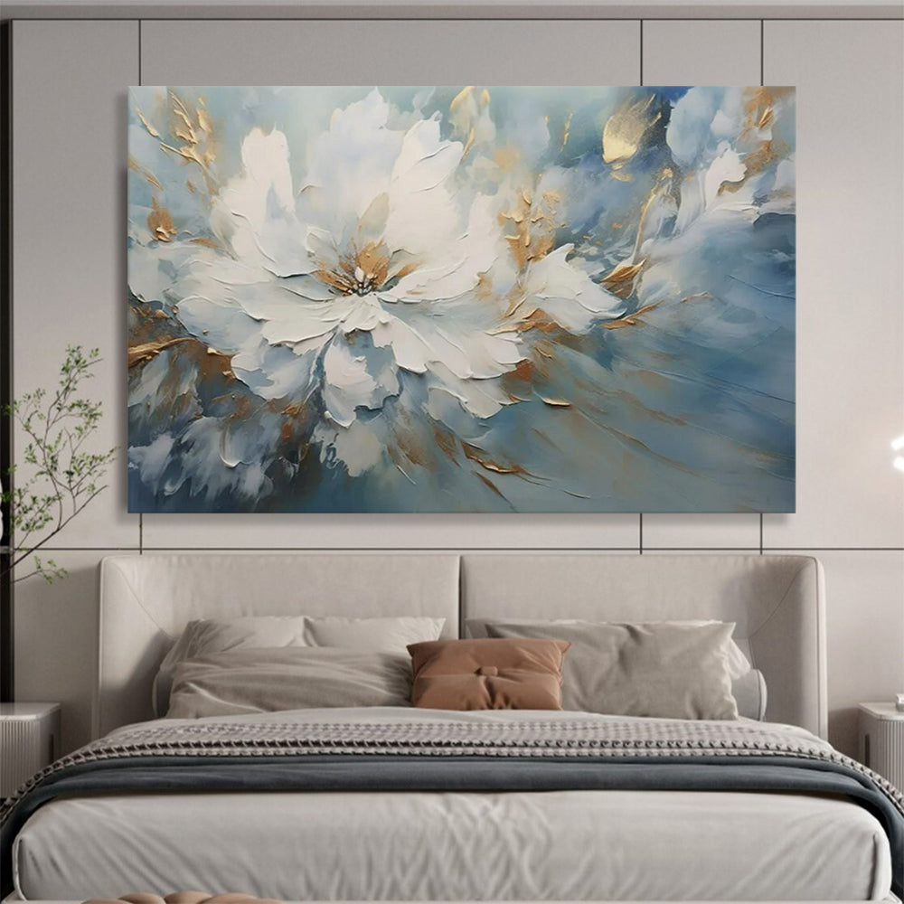 “White Flower with Blue - Gold Background” - Impasto Floral - Painting On Canvas PT1756