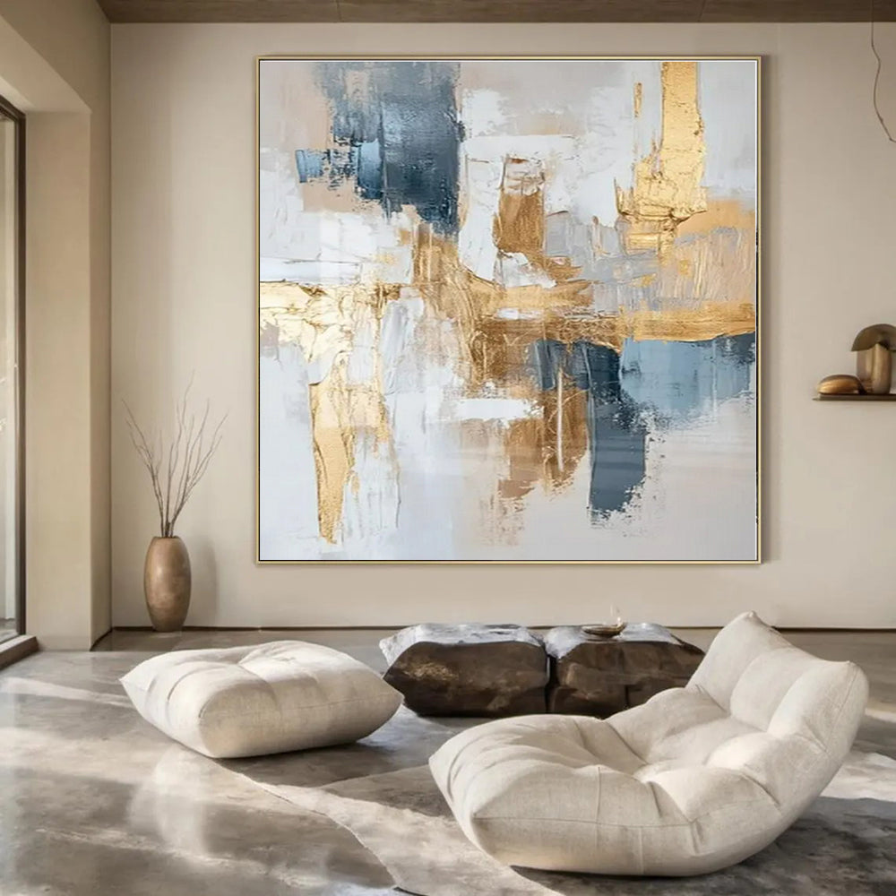 Gray, Gold, Blue with Abstract Layers "Gilded Mornings" Abstract Painting On Canvas PS1269