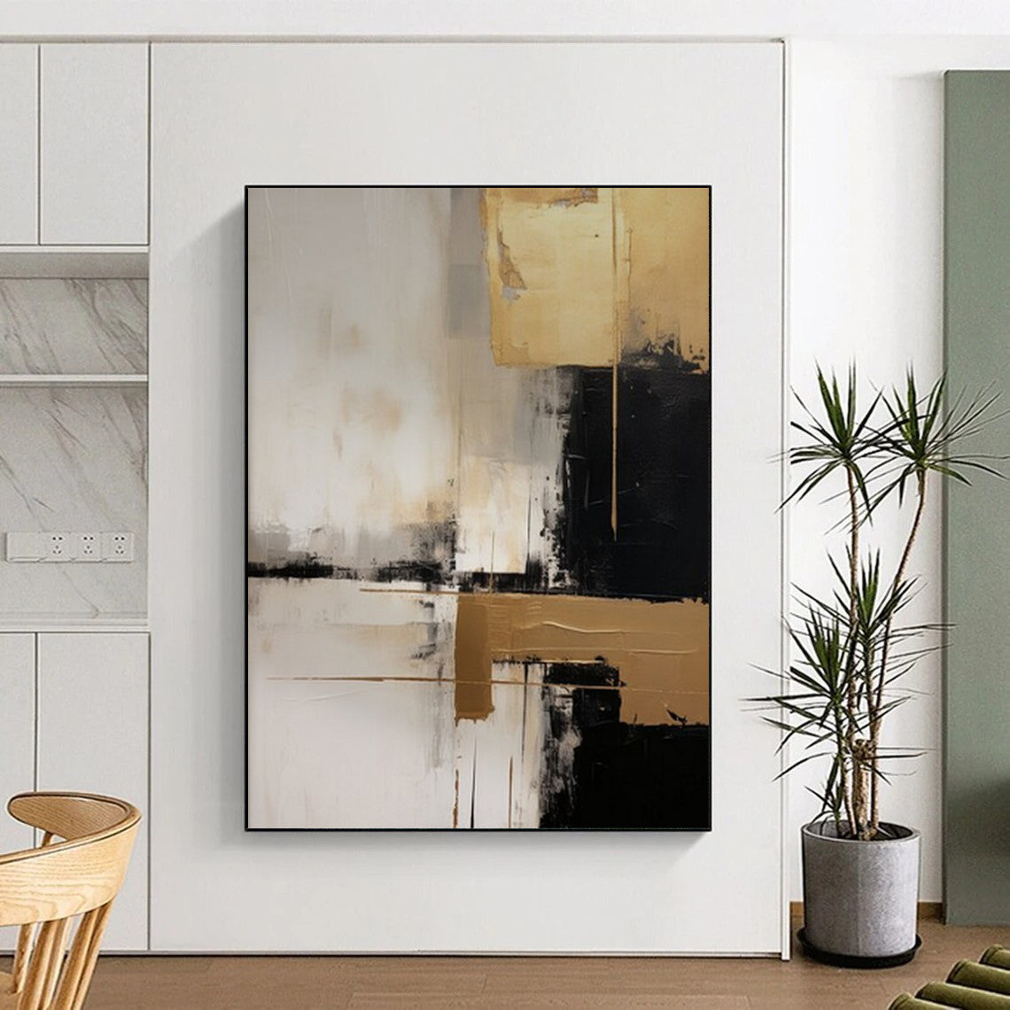 “Gray, Black, and Gold Abstract” - Contemporary Abstract Painting On Canvas PT2251
