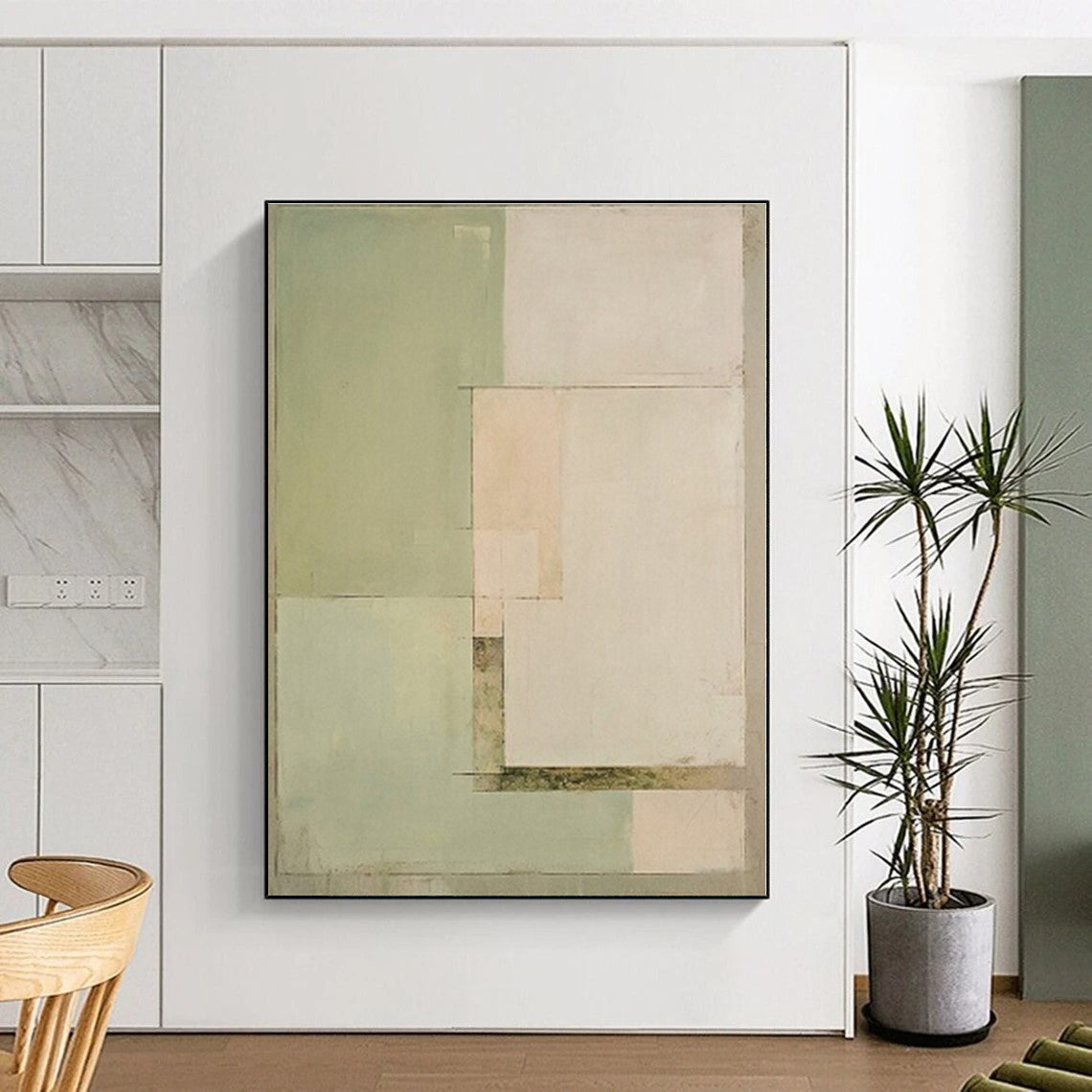 “Soft Green Blocks” - Light Green, Beige Abstract Minimalist Painting On Canvas PS0398