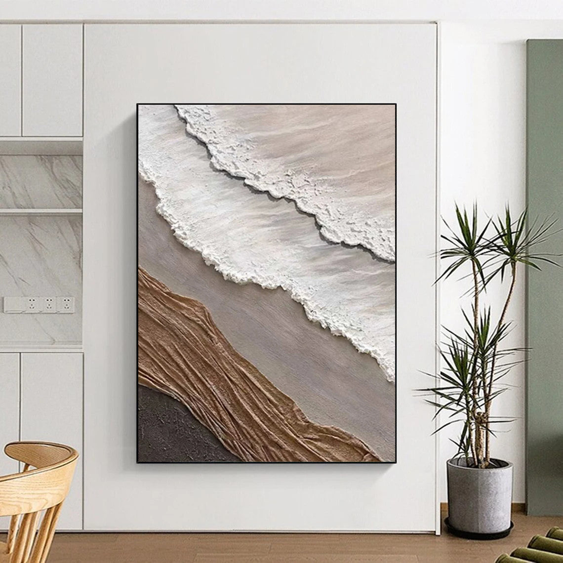“White, Grey, and Brown Textured Wave Collage” - Mixed - Media Coastal Painting On Canvas DS344