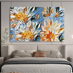 “Yellow and White Flowers on Blue” - Impasto Oil Painting On Canvas DKS896