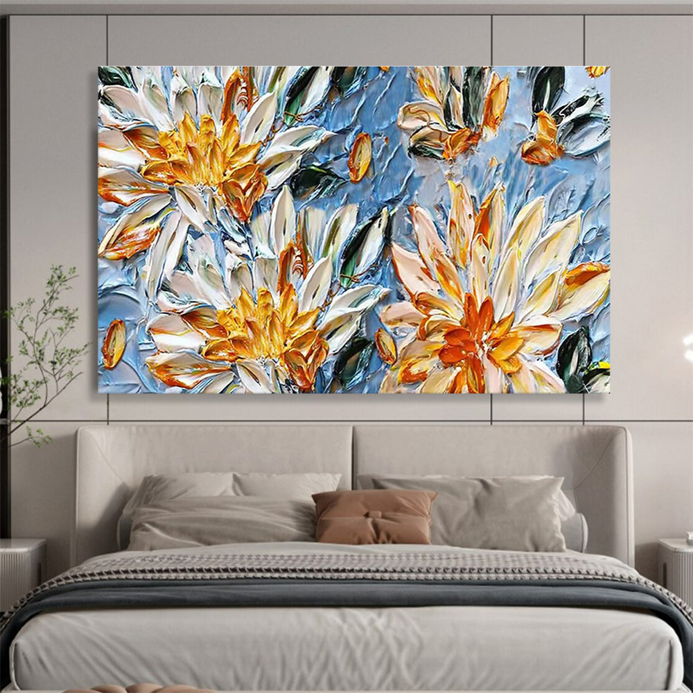 “Yellow and White Flowers on Blue” - Impasto Oil Painting On Canvas DKS896