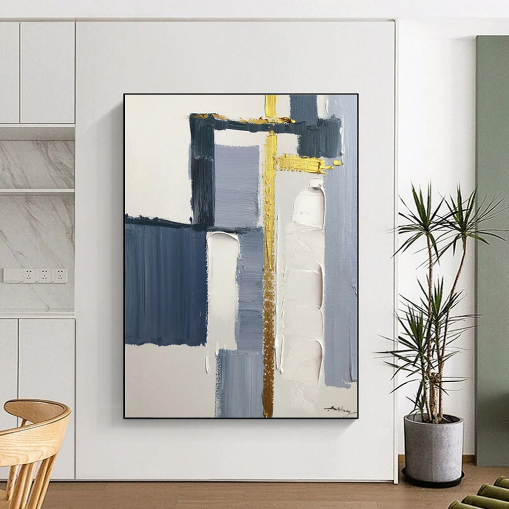 “Blue - Gold Geometric Fusion” - Blue, Gold, Gray Abstract Painting On Canvas PS0514