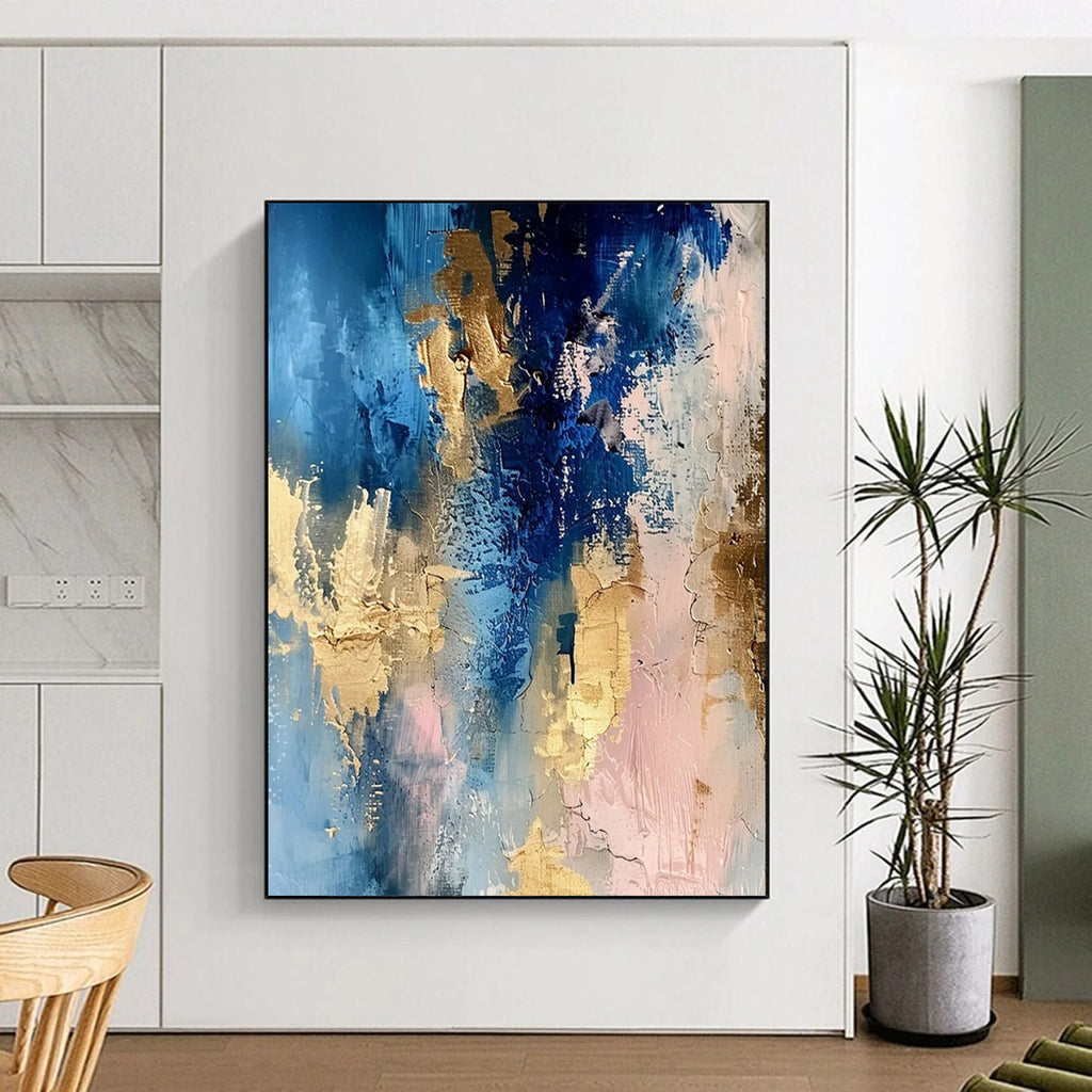 Blue - Gold - Pink Abstract Blend Textured Painting On Canvas DS072