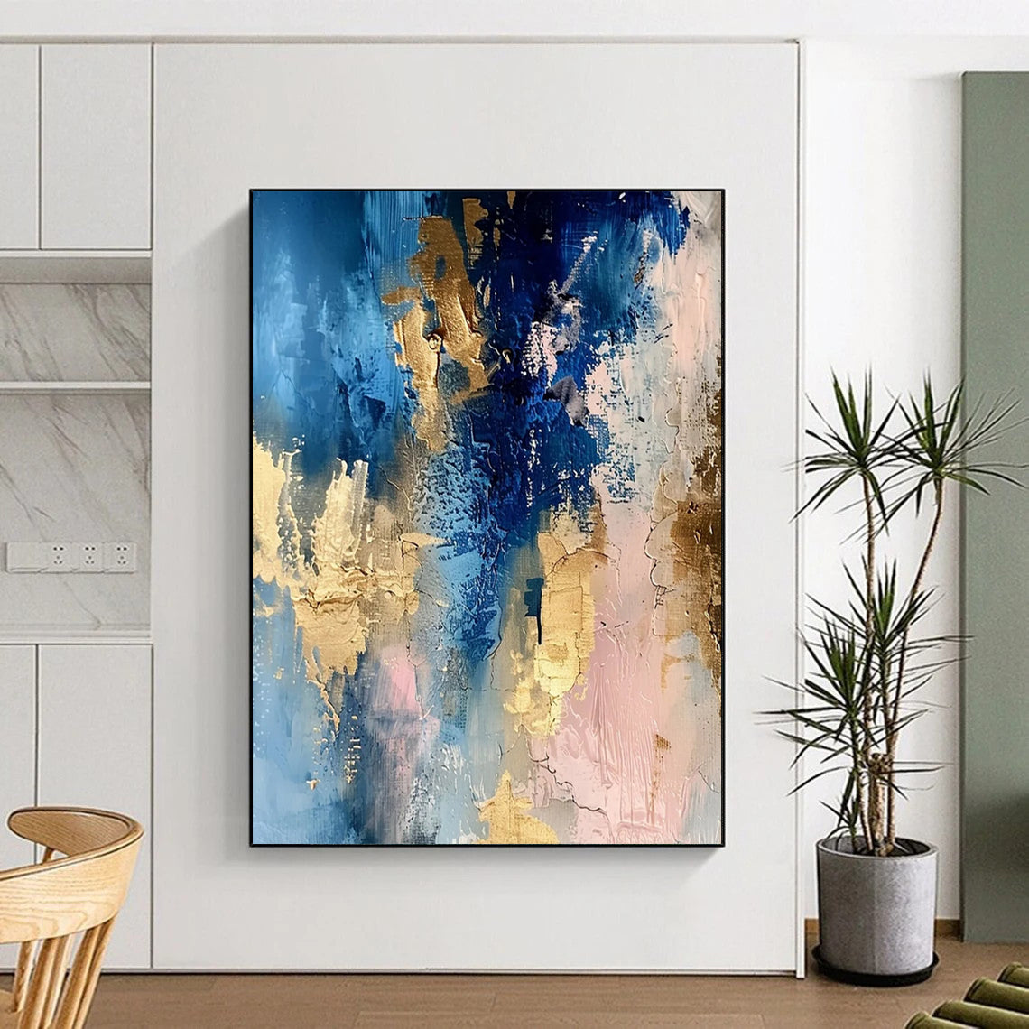 Blue - Gold - Pink Abstract Blend Textured Painting On Canvas DS072