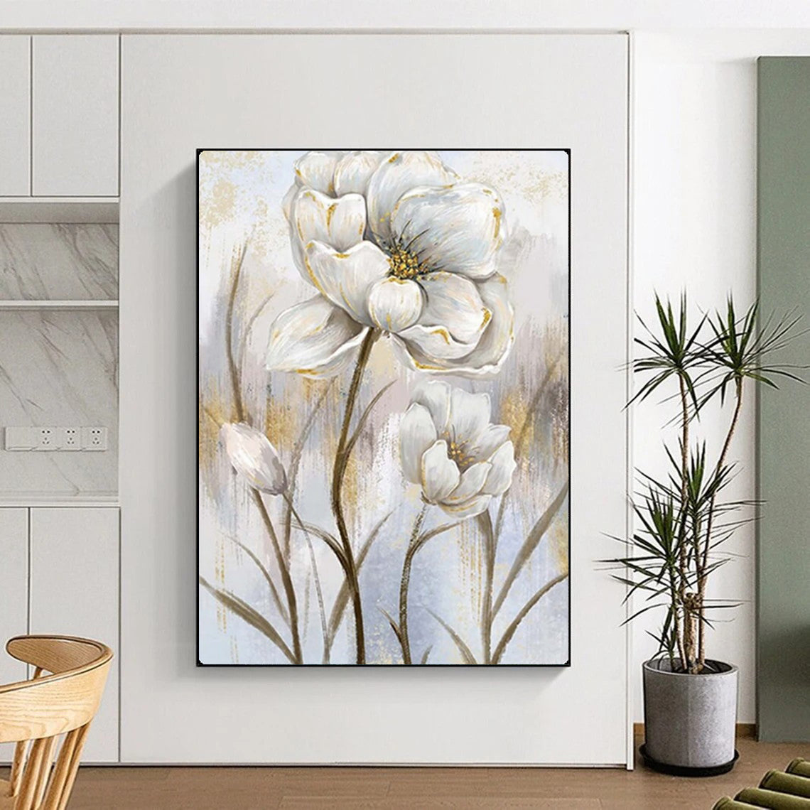 White Flowers with Gold Accents, Van Gogh - Inspired Brushwork, Floral Painting On Canvas PT2124
