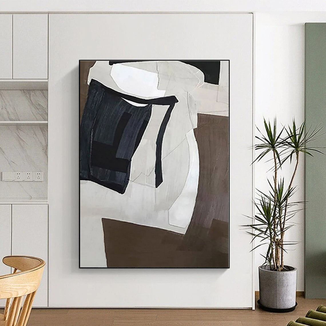 “Monochrome Geometric Forms” - Black, White, Brown Abstract Geometric Painting On Canvas PS0557