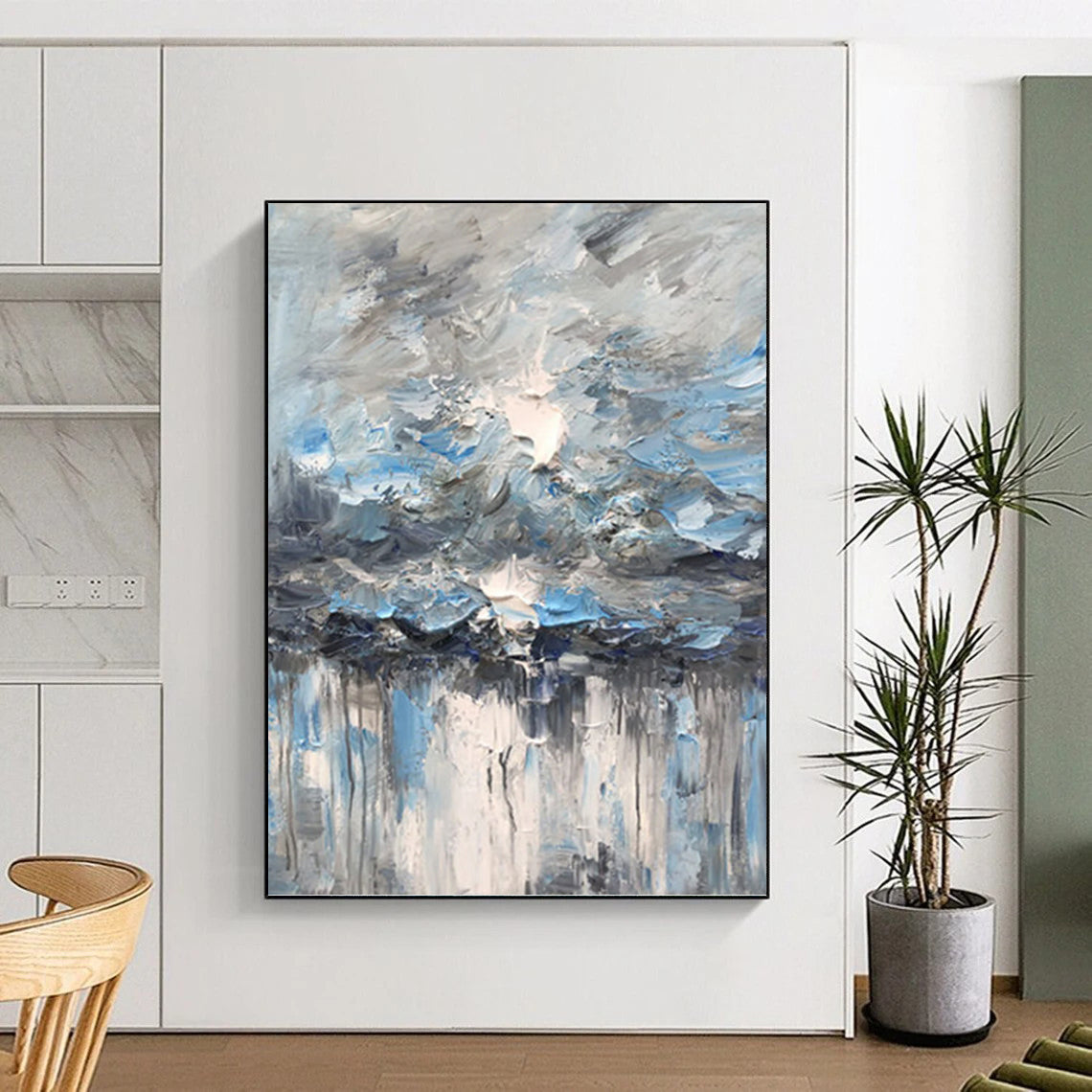 “Blue - Grey Rainy Sky Abstract” - Impasto Abstract Painting On Canvas PT1291