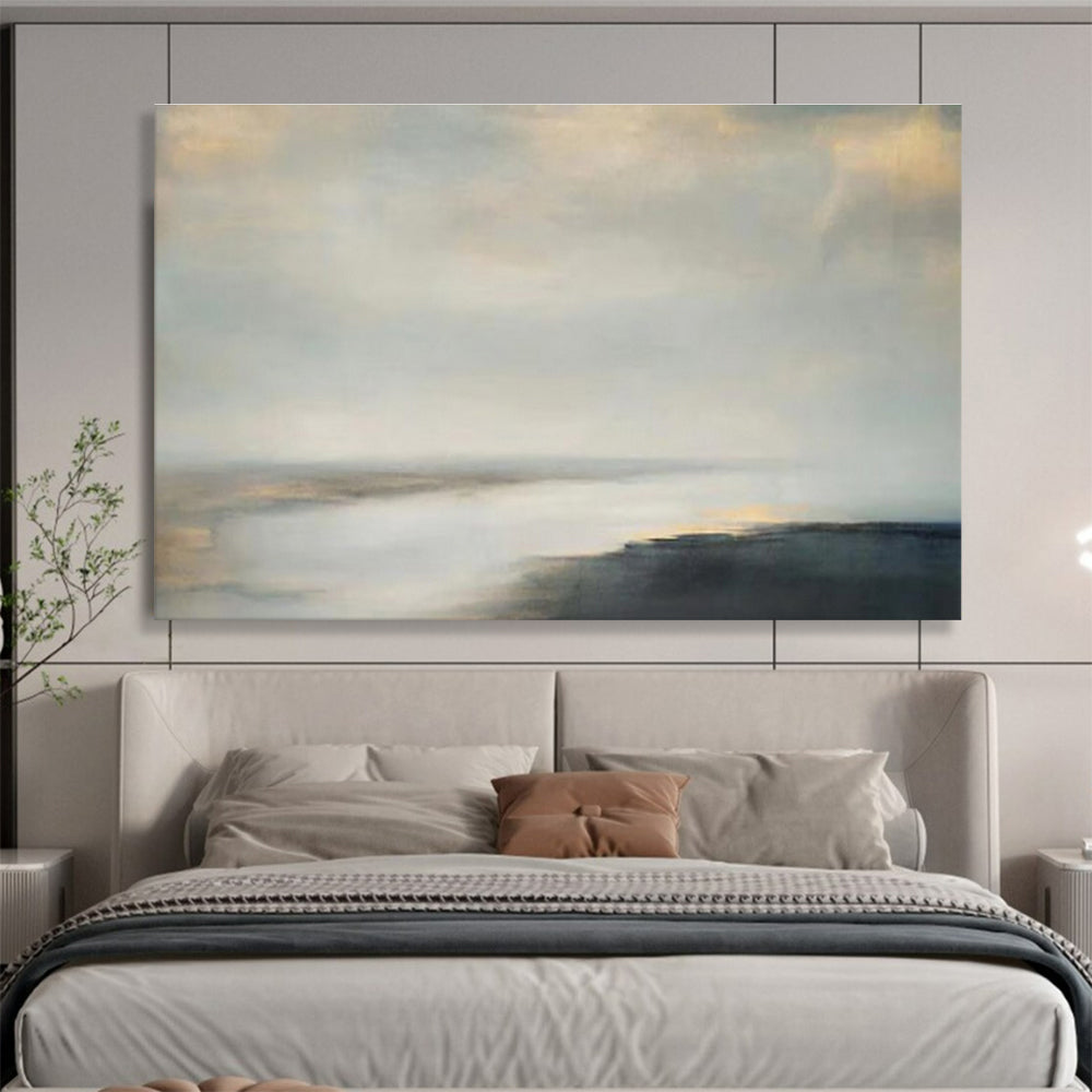Soft Grey and Beige Sky Over Calm Sea Seascape Painting On Canvas DKS108