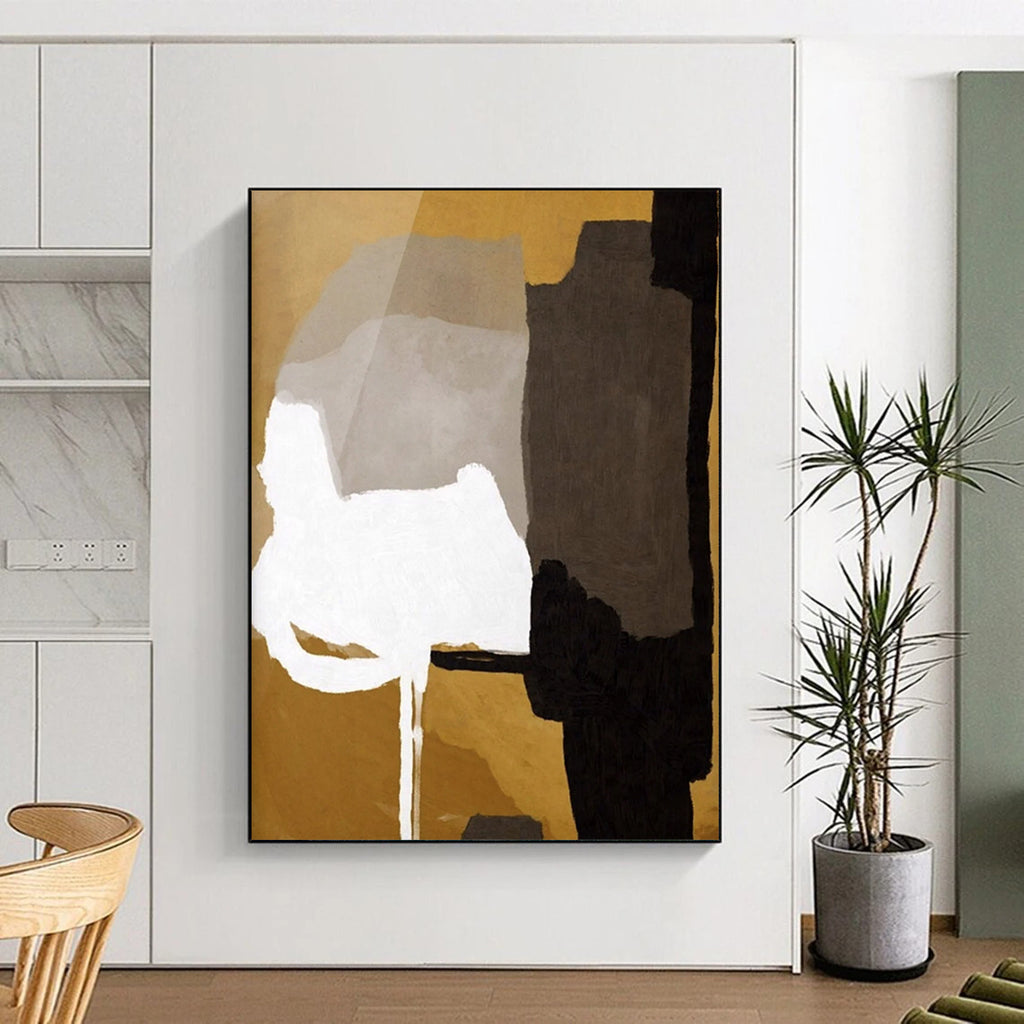 “Neutral Tones Geometric Abstract” - Gold, Gray & Black Shapes Painting On Canvas DS236