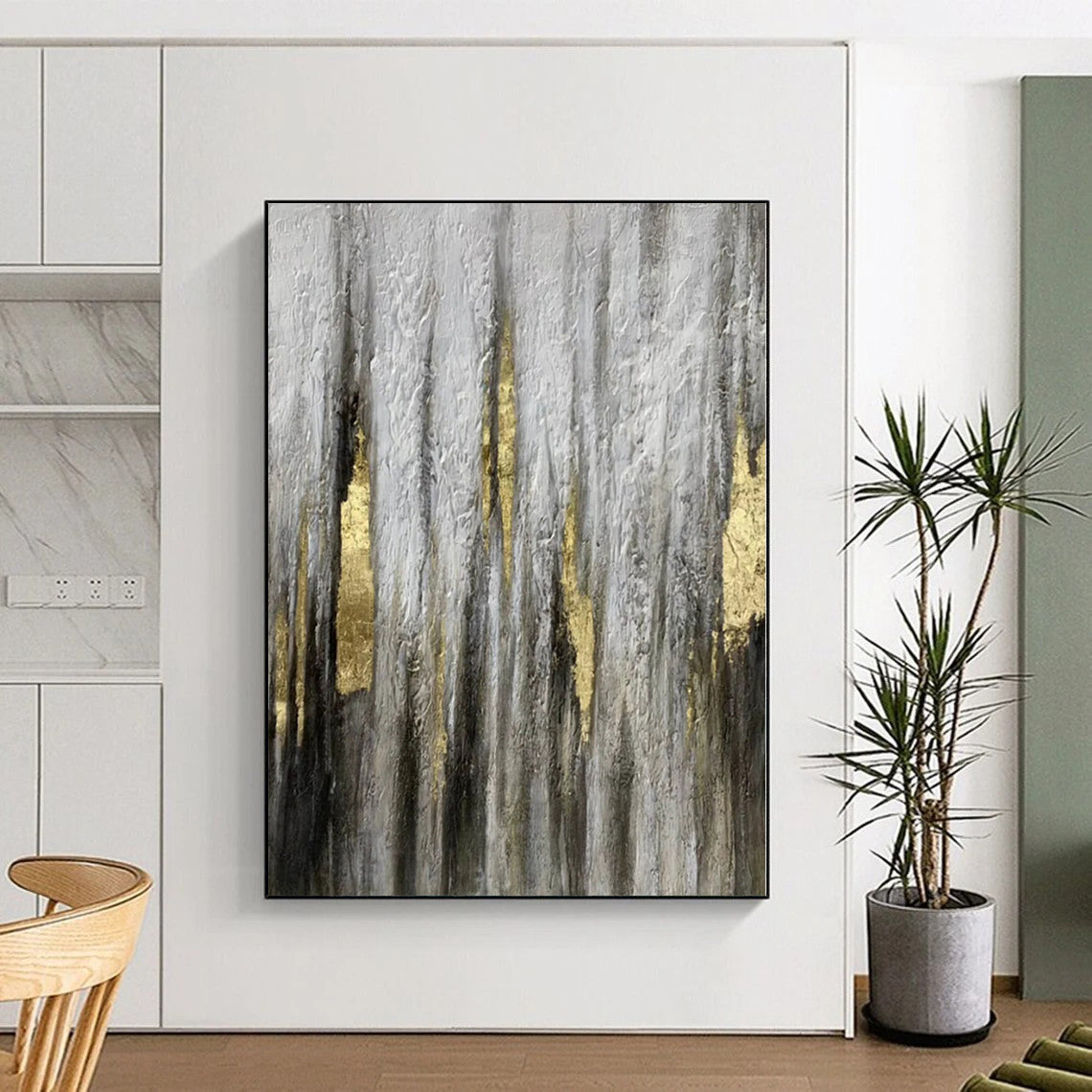 “Textured Grey - Gold Abstract Drip Art” - Luxe Textured Painting On Canvas PS0321