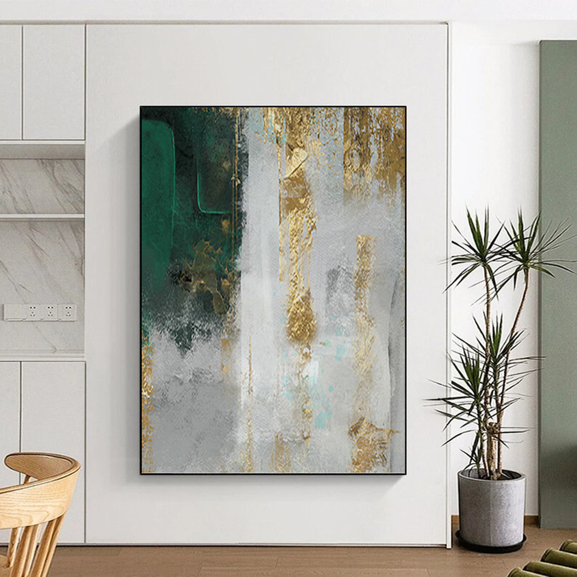 “Green and Gold Textured Abstract” - Abstract, Metallic - Accented Painting On Canvas PT1518