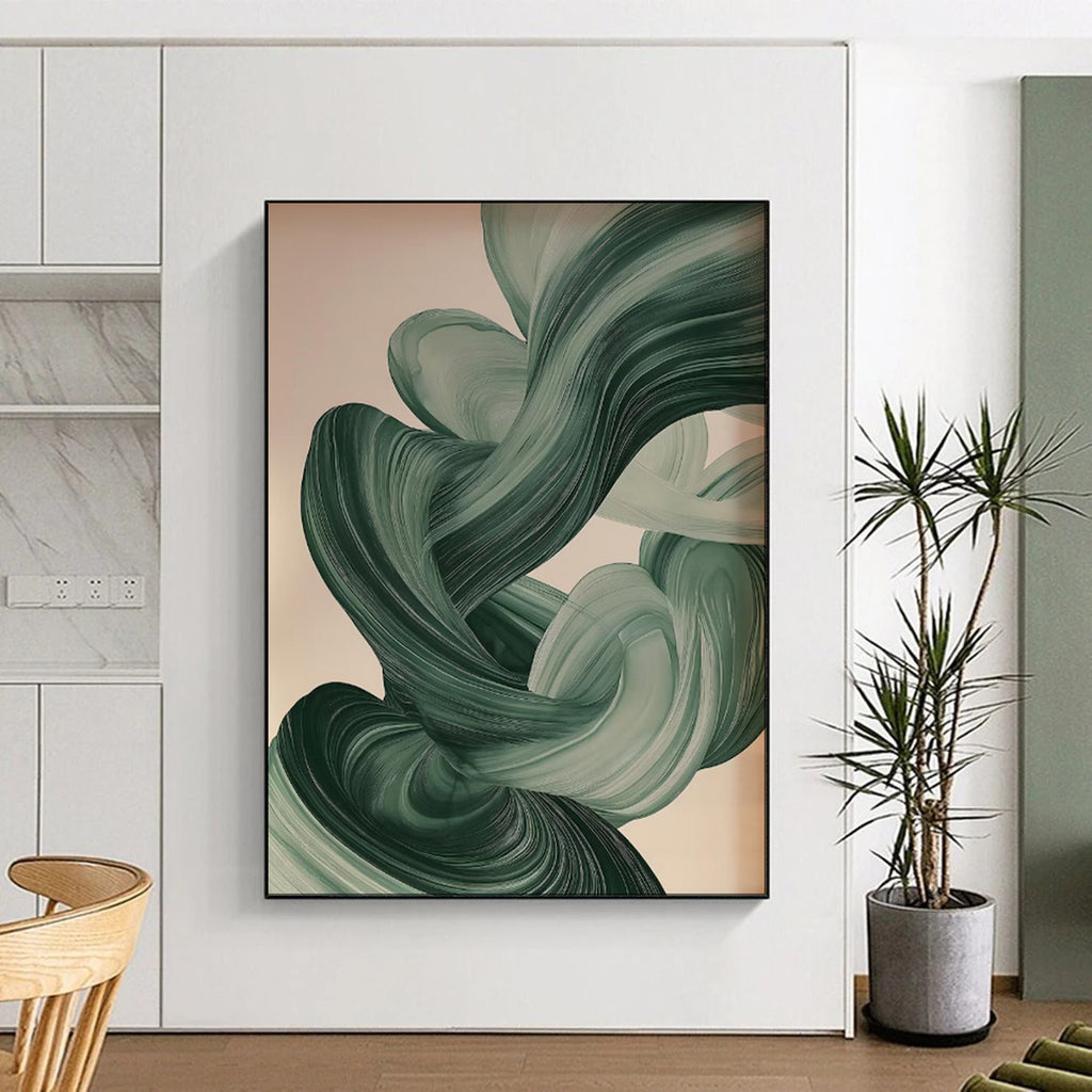 “Flowing Green Abstract Ribbons” - Abstract Modern Painting On Canvas PT1928