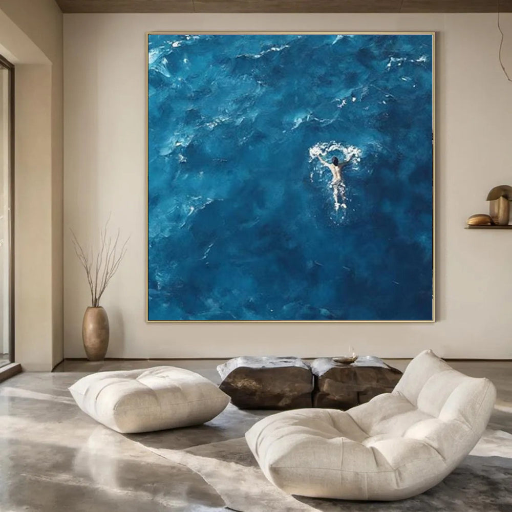 Aerial View of Swimmer in Deep Blue Water "Solitude at Sea" Photorealistic Painting On Canvas PS1065