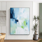 “Blue - Green Abstract Brushstrokes” - Blue, Green, White Abstract Expressionist Painting PS0769