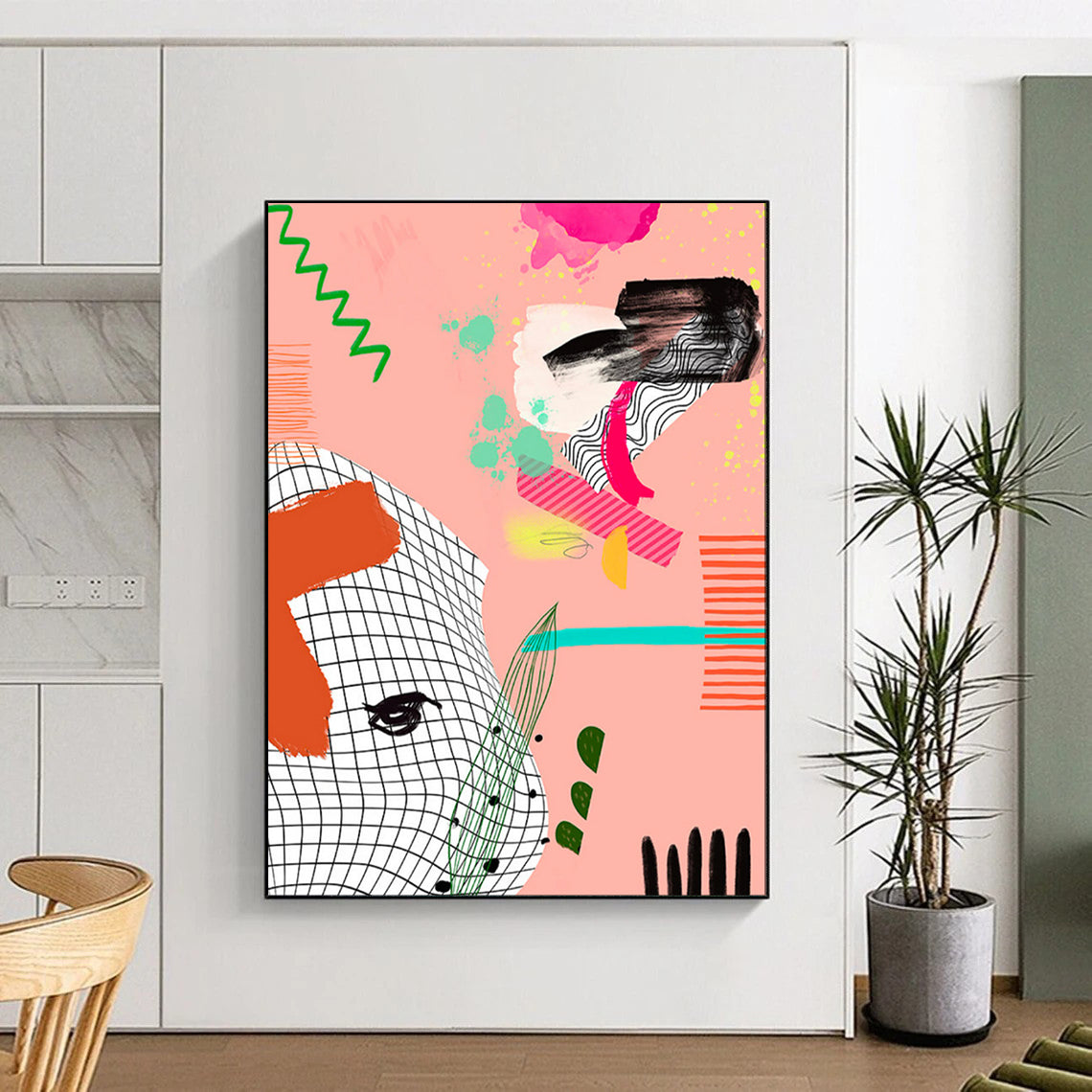 “Playful Pink - Green Abstract Collage” - Contemporary Abstract Painting On Canvas PT2006