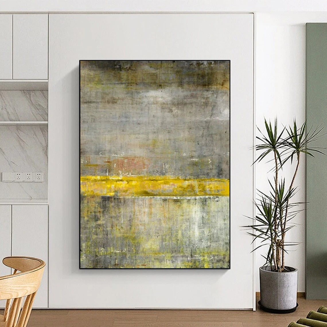 “Gray - Yellow Textured Abstract” - Industrial - Style Abstract Painting On Canvas PT2294