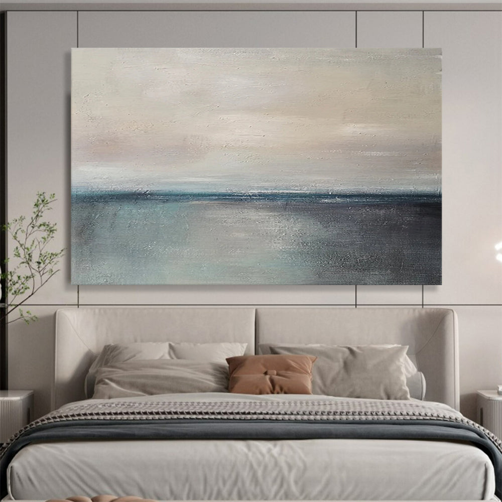 “Soft Coastal Horizon in Neutrals and Blues” - Minimalist Seascape Oil Painting On Canvas PT028