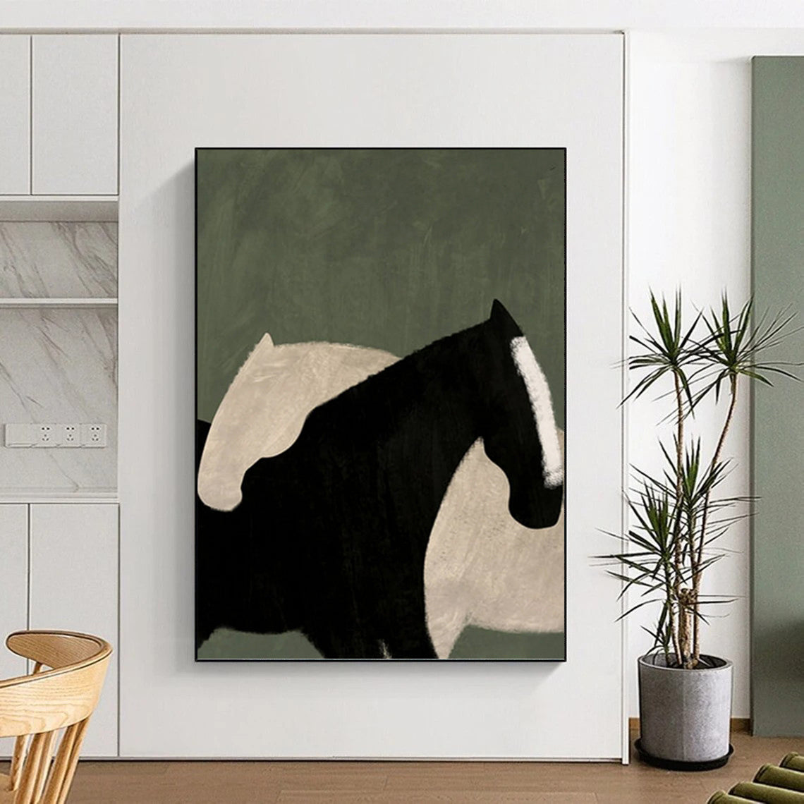 “Abstract Black & White Horses on Green” - Abstract - Inspired Animal Painting On Canvas PT1411