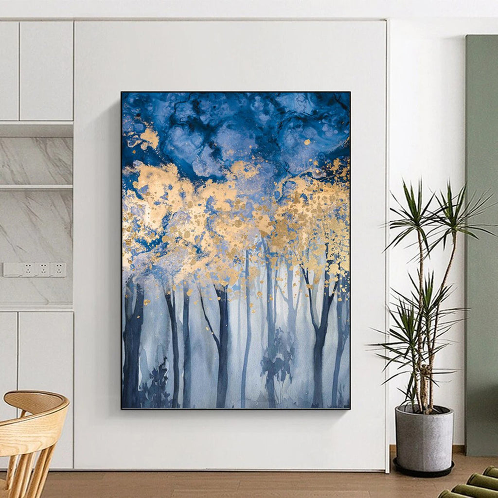 “Blue - Gold Forest: Dreamy Landscape” - Watercolor - Style Painting On Canvas PT0936