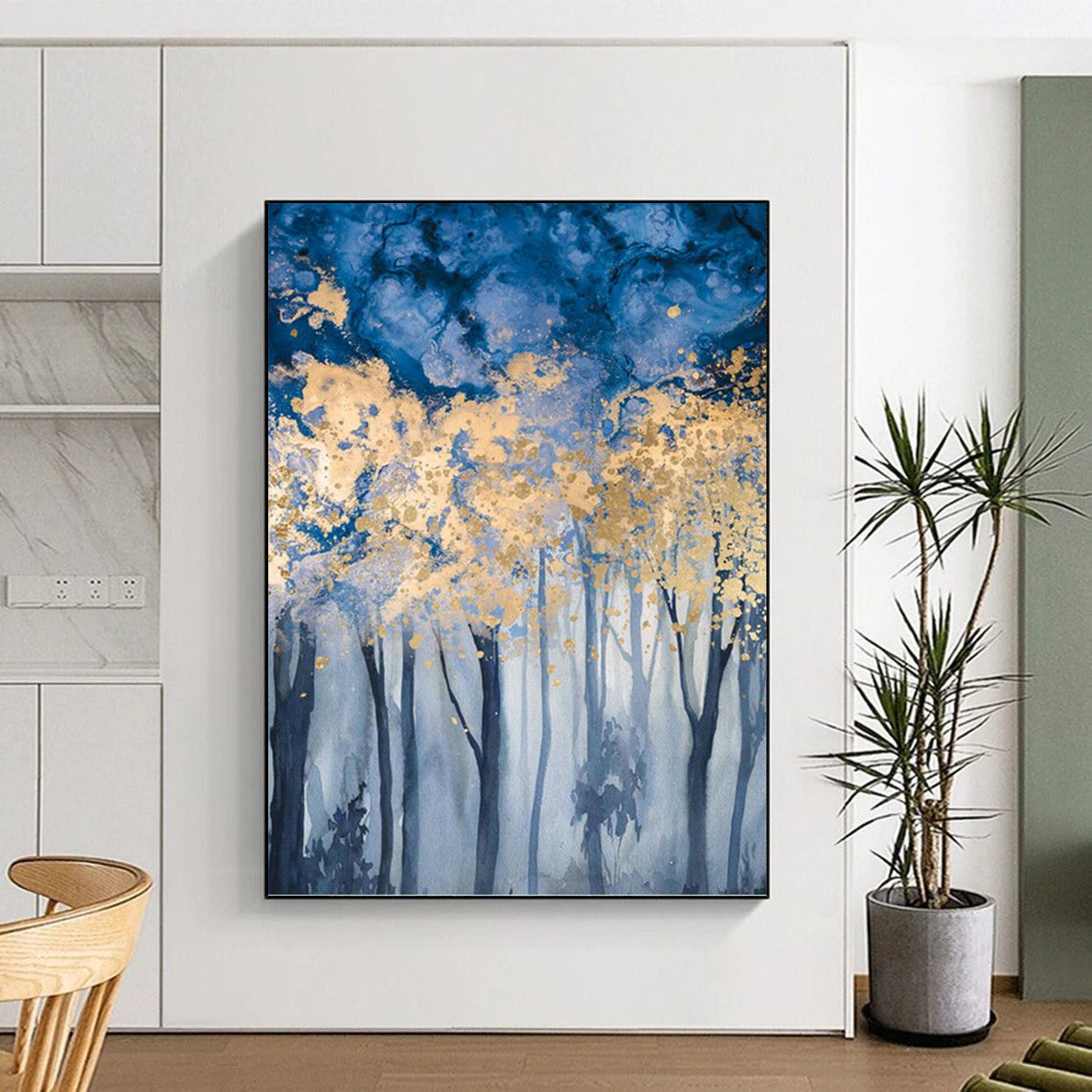 “Blue - Gold Forest: Dreamy Landscape” - Watercolor - Style Painting On Canvas PT0936