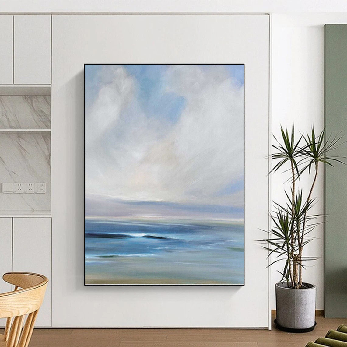 “Calm Sea and Sky: Blue - White Impressionistic Landscape” - Serene Coastal Painting On Canvas PT0957
