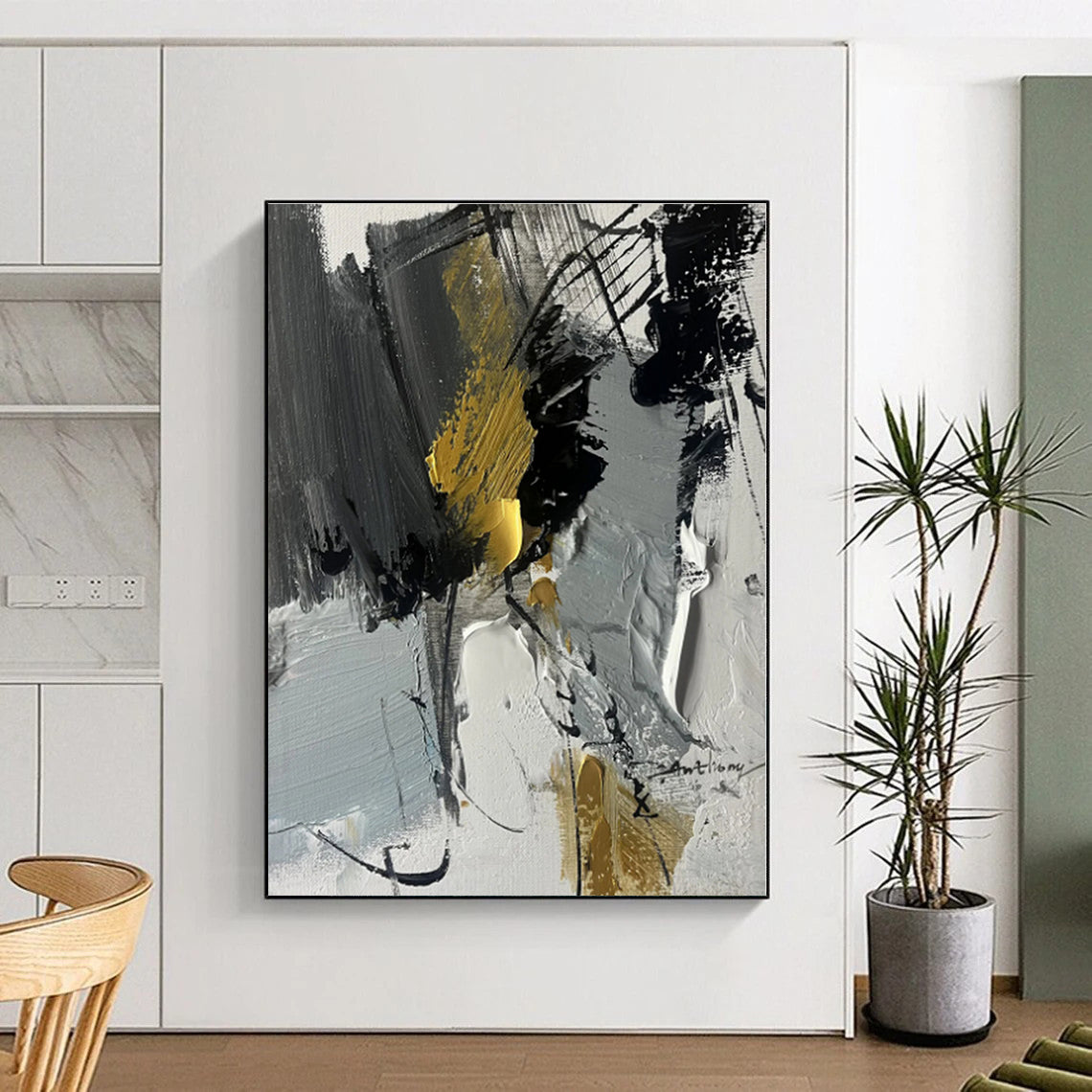 “Gray - Gold Dynamic Abstraction” - Gray, Gold, Black Abstract Painting On Canvas PS0493